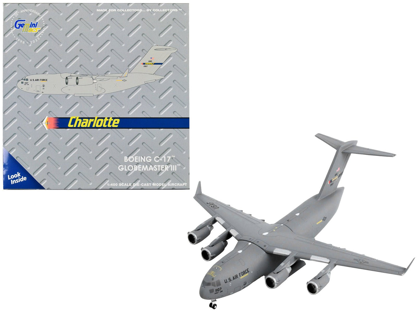 Boeing C-17 Globemaster III Transport Aircraft "Charlotte Air National Guard - United States Air Force" Gray "Gemini Macs" Series 1/400 Diecast Model Airplane by GeminiJets  free shipping USA