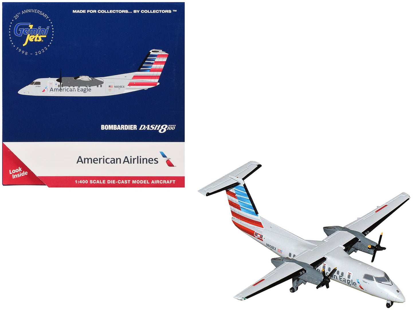 Bombardier Dash 8-100 Commercial Aircraft "American Airlines - American Eagle" (N808EX) Gray with Striped Tail 1/400 Diecast Model Airplane by GeminiJets  free shipping USA
