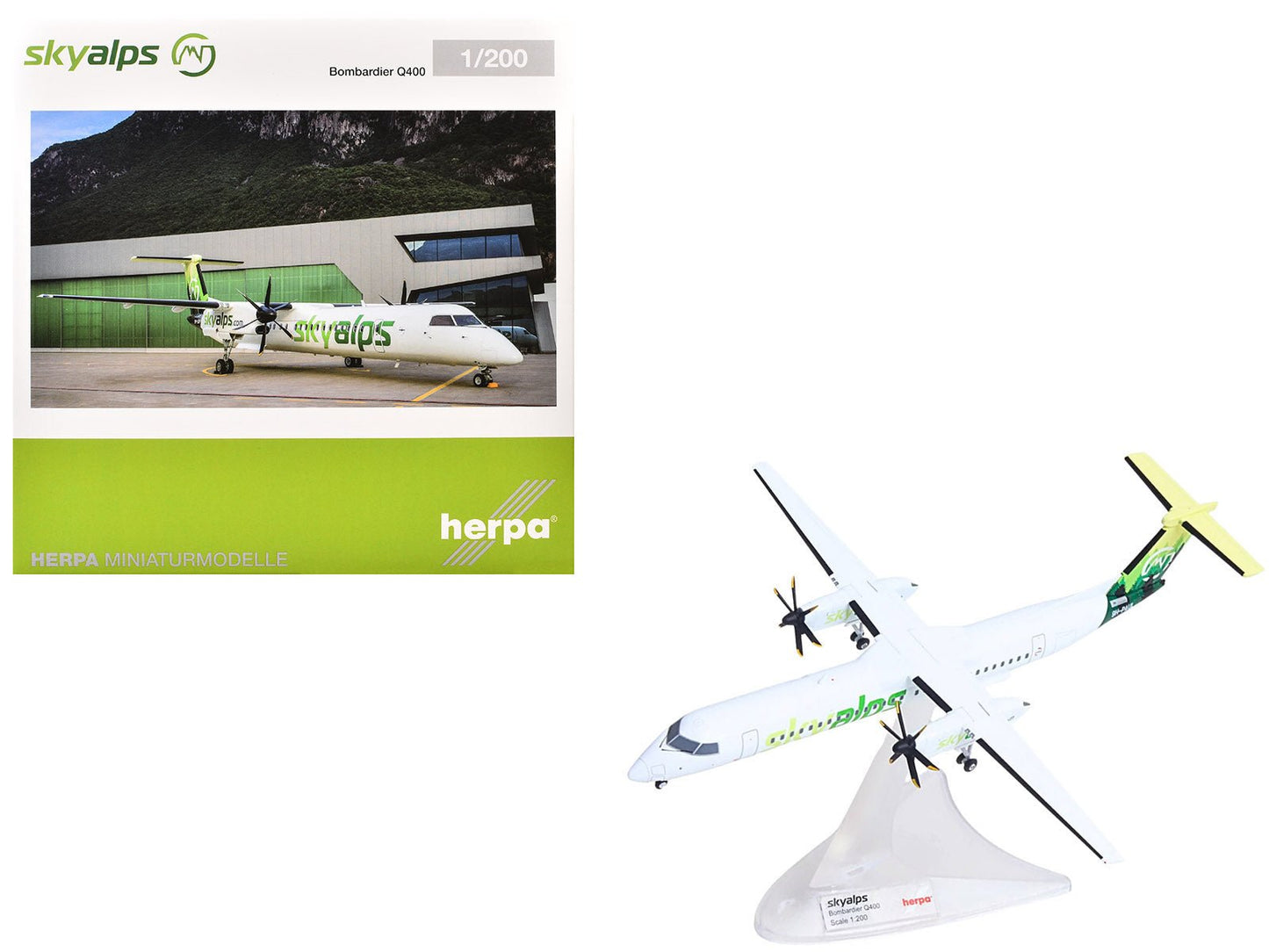 Bombardier Q400 Commercial Aircraft "Sky Alps" (9H-PAUL) White with Green Tail Graphics 1/200 Diecast Model by Herpa  free shipping USA