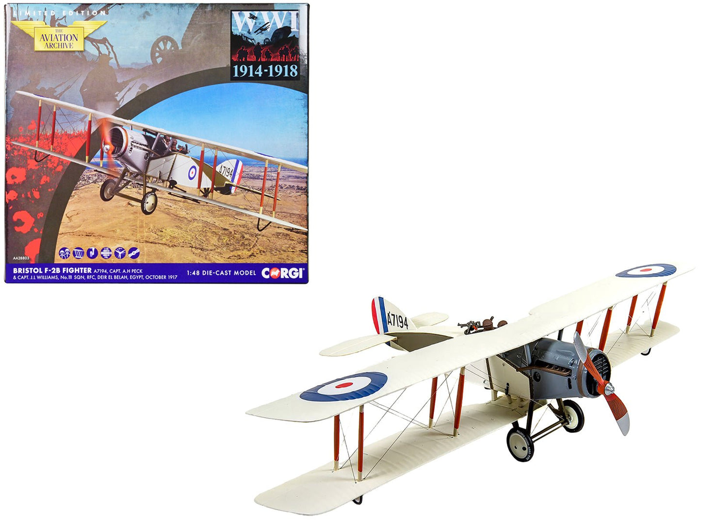 Bristol F-2B Fighter Aircraft "A7194 Capt. Arthur H Peck & Capt. John JL Williams No.111 Squadron Egypt" (1917) Royal Flying Corps "The Aviation Archive" Series 1/48 Diecast Model by Corgi  free shipping USA
