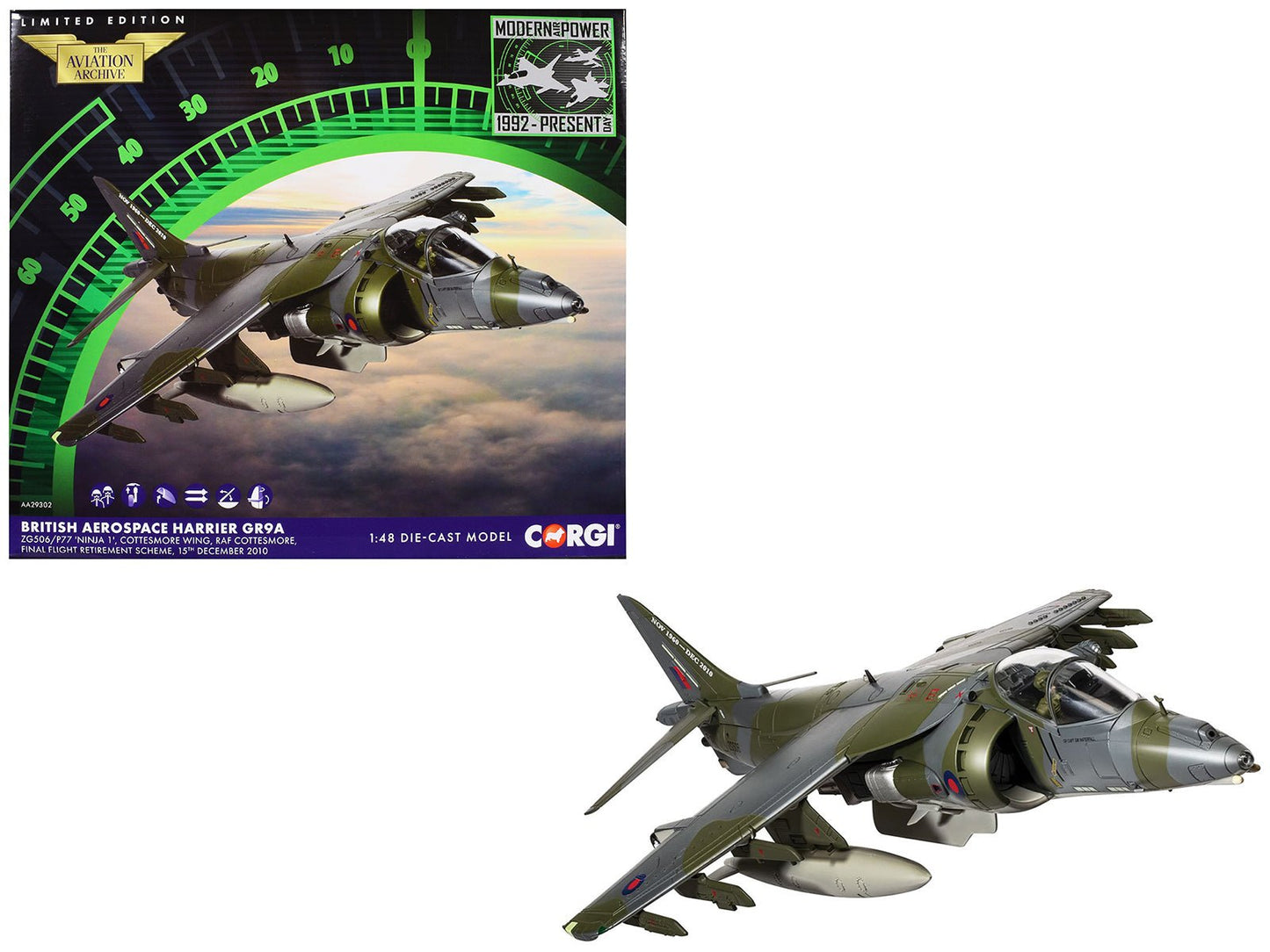 British Aerospace Harrier GR9A Aircraft "ZG506/P77 Ninja 1 RAF Cottesmore Final Flight Retirement Scheme" (2010) Royal Air Force "The Aviation Archive" Series 1/48 Diecast Model by Corgi  free shipping USA