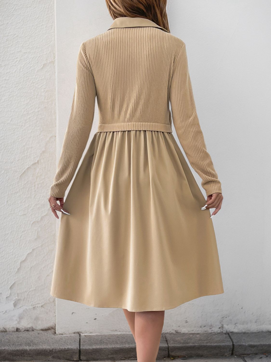 Perfee Fake Two Piece Collared Neck Long Sleeve Midi Dress