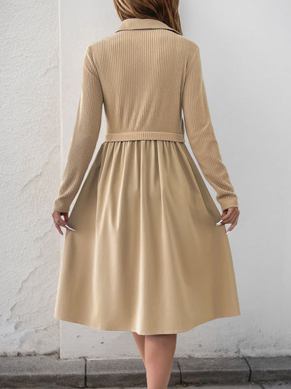 Perfee Fake Two Piece Collared Neck Long Sleeve Midi Dress