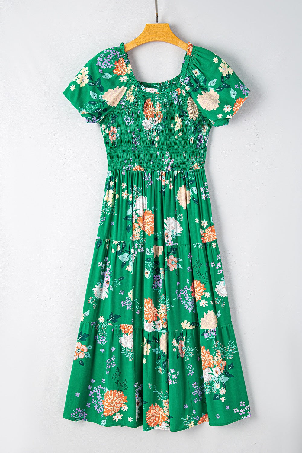 Floral Print Bubble Sleeve Smocked Tiered Midi Dress