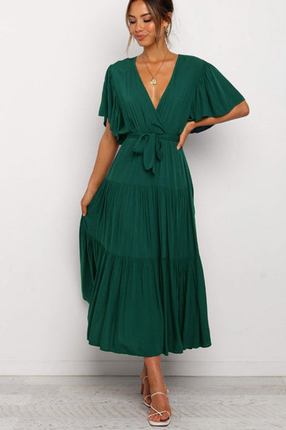 Front Tie Short Sleeve Tiered Midi Dress