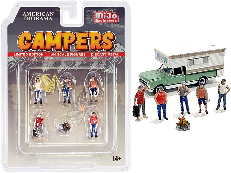 "Campers" 6 piece Diecast Set (5 Figurines and 1 Accessory) for 1/64 Scale Models by American Diorama  free shipping USA