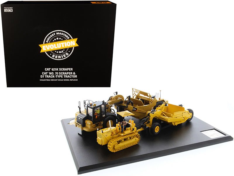 CAT Caterpillar 621K Tractor Scraper and CAT Caterpillar D7 Track-Type Tractor with No. 70 Scraper Set "Evolution Series" 1/50 Diecast Models by Diecast Masters  free shipping USA
