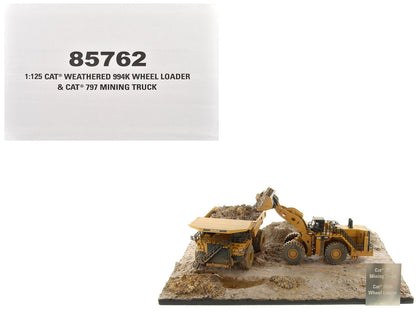 CAT Caterpillar 994K Wheel Loader and 797 Mining Truck Yellow (Weathered) Set of 2 Pieces "Weathered Series" 1/125 Diecast Model by Diecast Masters  free shipping USA
