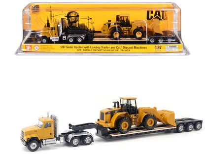 CAT Caterpillar CT681 Day Cab Tractor Yellow with Lowboy Trailer and CAT 950G Wheel Loader Yellow 1/87 (HO) Diecast Model by Diecast Masters  free shipping USA