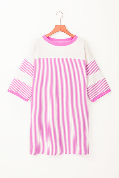 Striped Round Neck Three-Quarter Sleeve Mini Dress