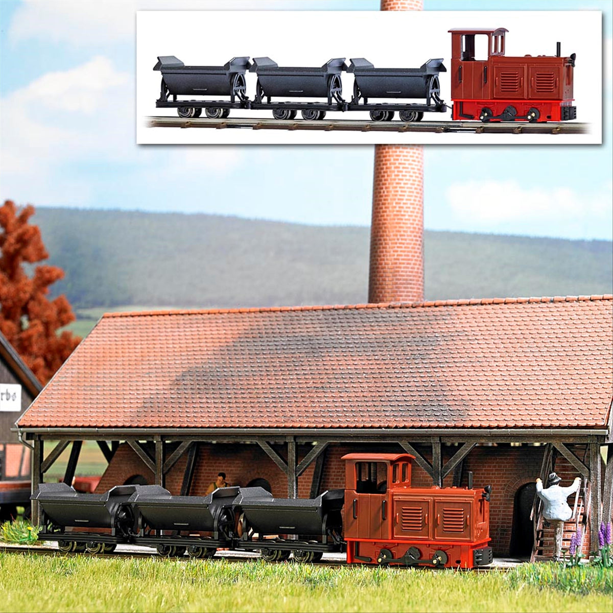 Busch 12006 HO Scale Feldbahn Diesel Train Set, 3 Dump Cars