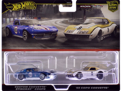 Chevrolet Custom Corvette Stingray Coupe #65 Blue Metallic with White Stripes and 1969 Chevrolet COPO Corvette #6 Gold Metallic and White "Car Culture" Set of 2 Cars Diecast Model Cars by Hot Wheels  free shipping USA
