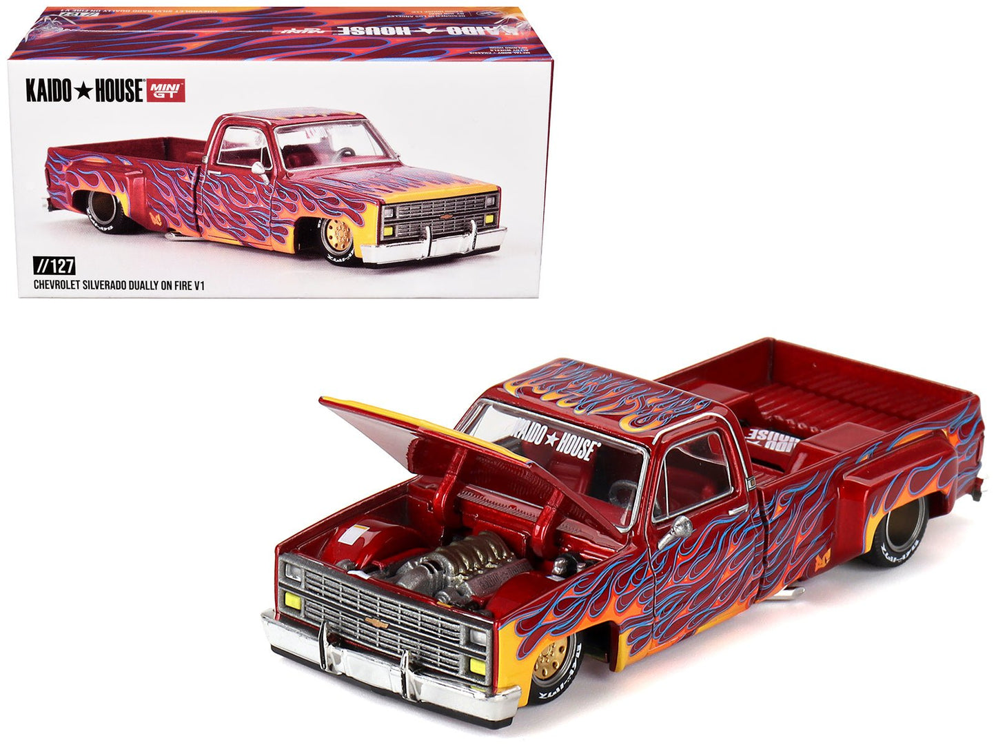 Chevrolet Silverado Dually Pickup Truck "On Fire V1" Red Metallic with Flames and Red Interior (Designed by Jun Imai) "Kaido House" Special 1/64 Diecast Model Car by Mini GT  free shipping USA
