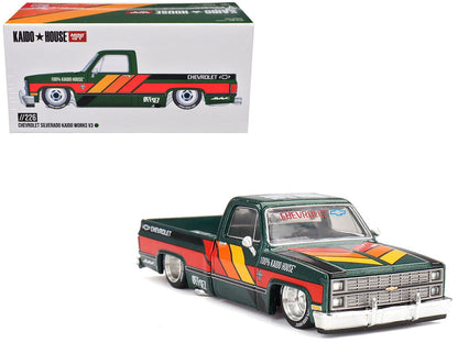 Chevrolet Silverado Pickup Truck "Kaido Works V3" Dark Green Metallic with Graphics (Designed by Jun Imai) "Kaido House" Special 1/64 Diecast Model Car by Mini GT  free shipping USA