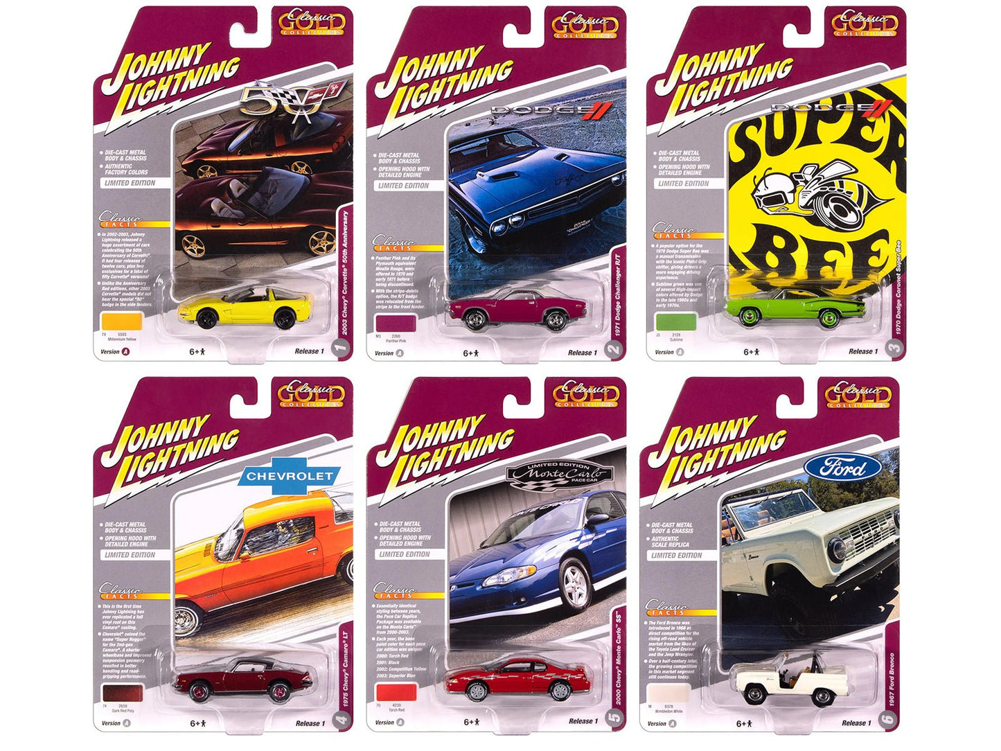 "Classic Gold Collection" 2025 Release 1 Set A of 6 Cars 1/64 Diecast Model Cars by Johnny Lightning  free shipping USA