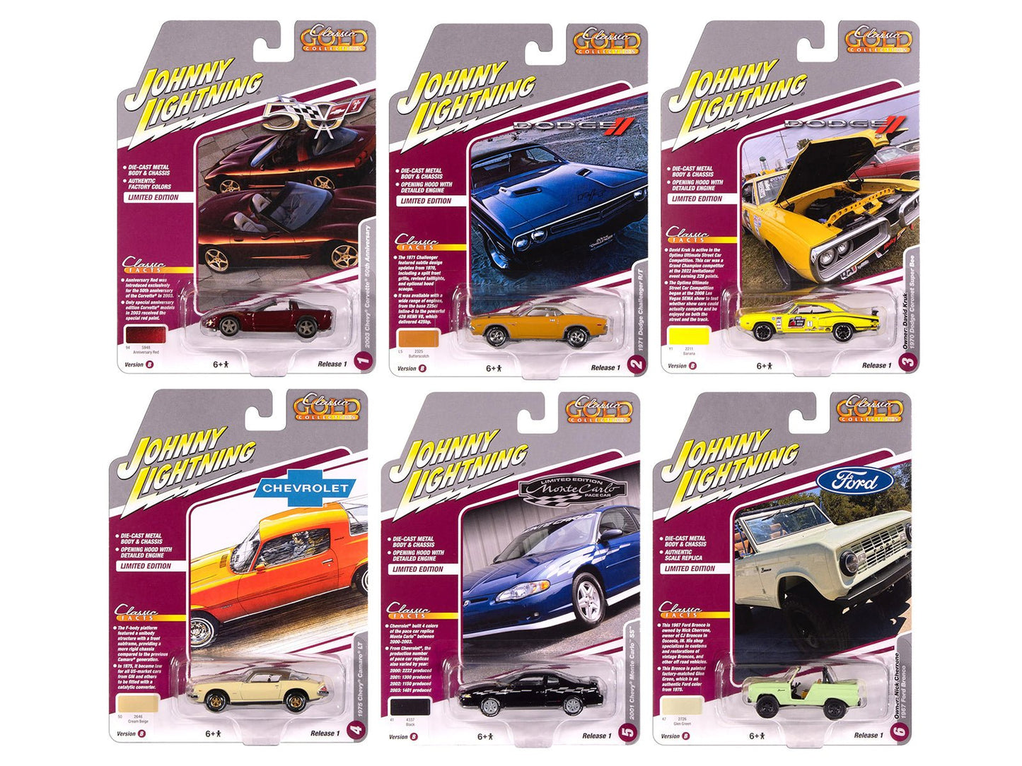 "Classic Gold Collection" 2025 Release 1 Set B of 6 Cars 1/64 Diecast Model Cars by Johnny Lightning  free shipping USA