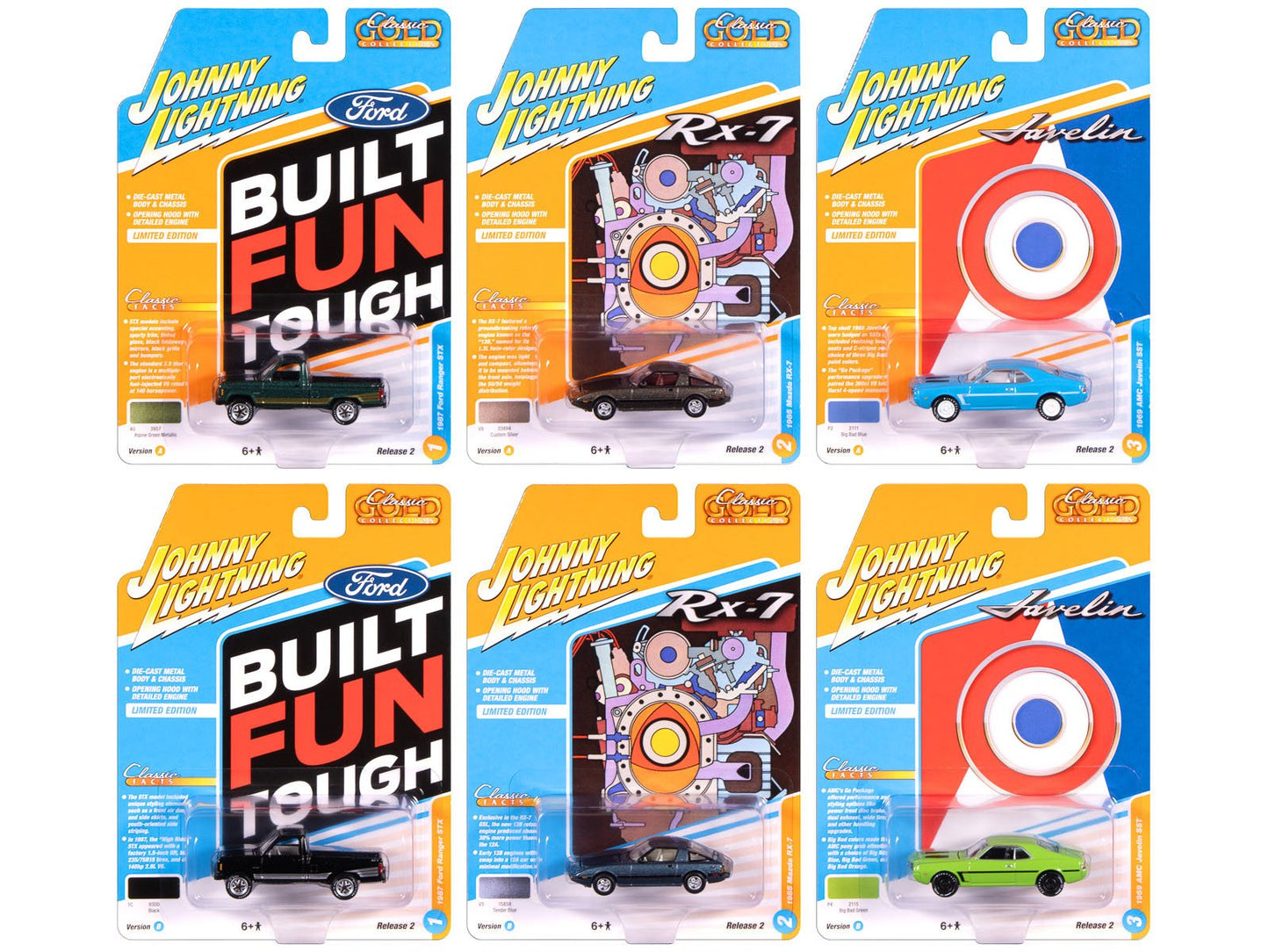 "Classic Gold Collection" 2025 Release 2 Set of 6 Cars 1/64 Diecast Model Cars by Johnny Lightning  free shipping USA