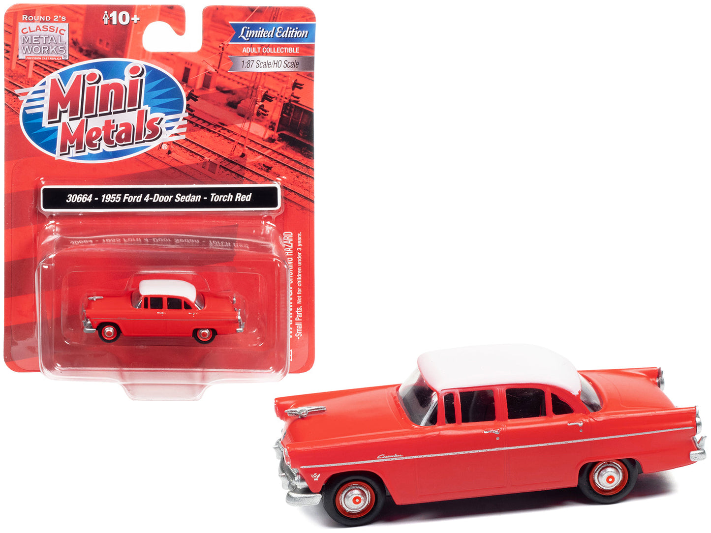 1955 Ford 4-Door Sedan Torch Red with White Top 1/87 (HO) Scale Model Car by Classic Metal Works  free shipping USA