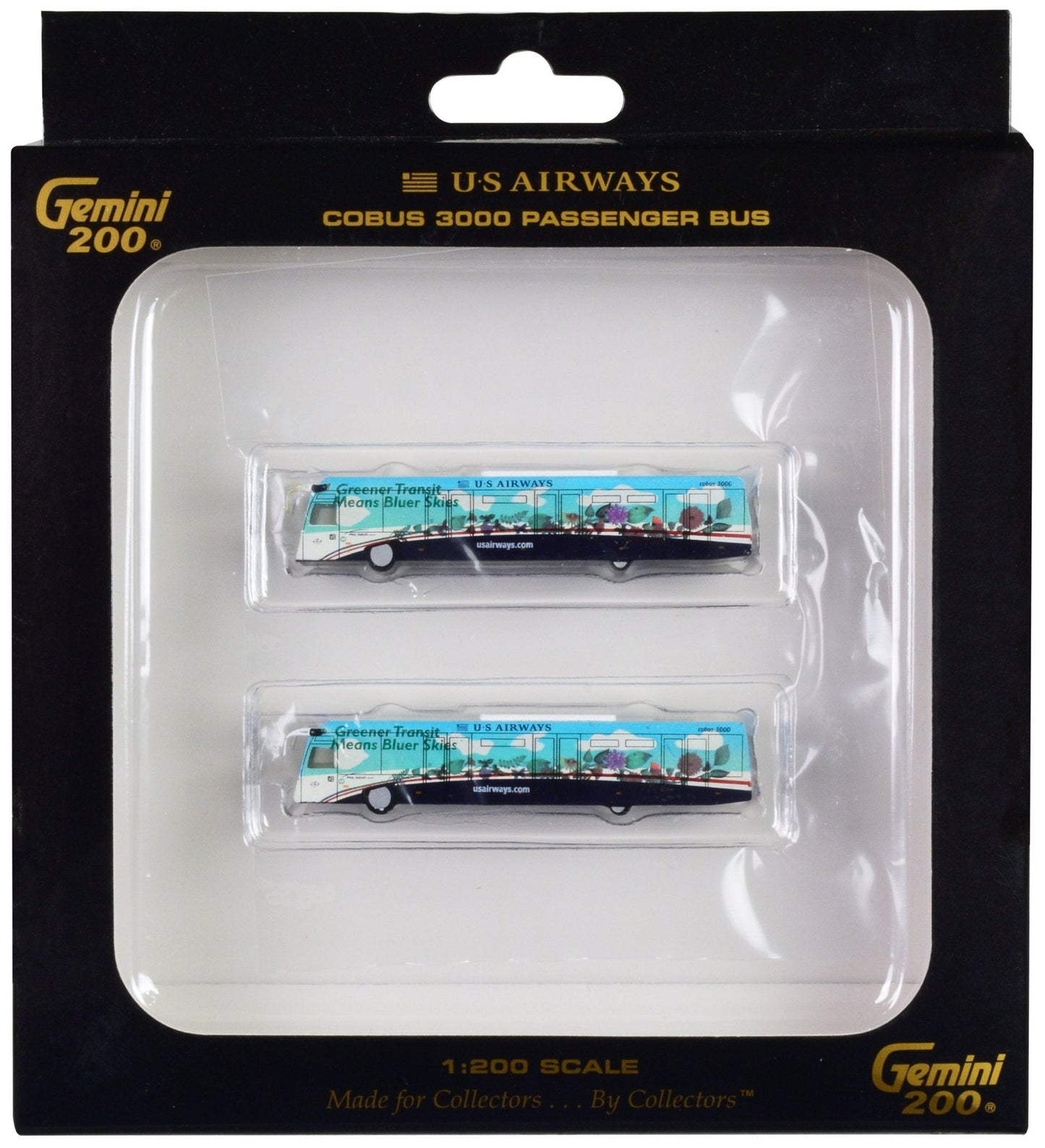 Cobus 3000 Passenger Bus White and Blue with Graphics "US Airways Shuttle Bus - Greener Transit" 2 Piece Set "Gemini 200" Series Diecast Models by GeminiJets  free shipping USA
