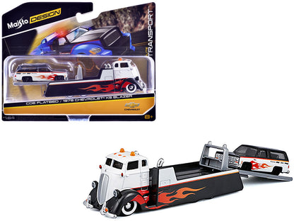 COE Flatbed Truck White and Black with Flame Graphics and 1979 Chevrolet K5 Blazer Black and White with Flame Graphics "Elite Transport" Series 1/64 Diecast Models by Maisto  free shipping USA