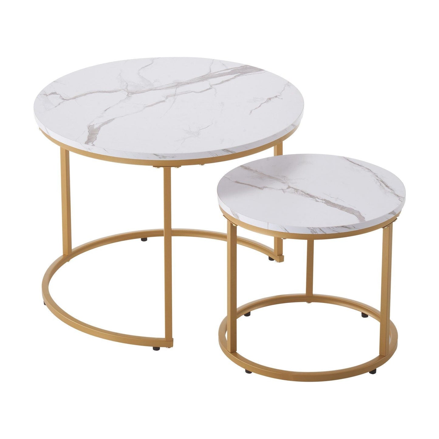 Nesting Coffee Table Set of 2, 23.6 in Round Coffee Table, Nesting Tables for Small Place, Vintage End Side Tables Night Stand with Metal Frame, for Living Room, Bedroom, Office (White & Gold)
