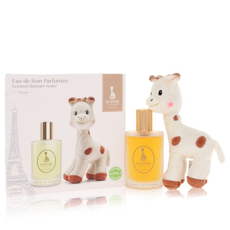 Sophie La Girafe Eau De Soin Parfumee by Sophie La Girafe Gift Set - 3.4 oz Scented Skincare Water (Alcohol-Free) + 1 Sophie La Girafe Soft Toy