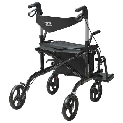 2 in 1 Rollator Walker & Transport Chair for Seniors, Folding Rolling Walker Wheelchair Combo & Footrests, Lightweight Aluminum Mobility Walker with Adjustable Handle, All Terrain Wheels, 300LBS