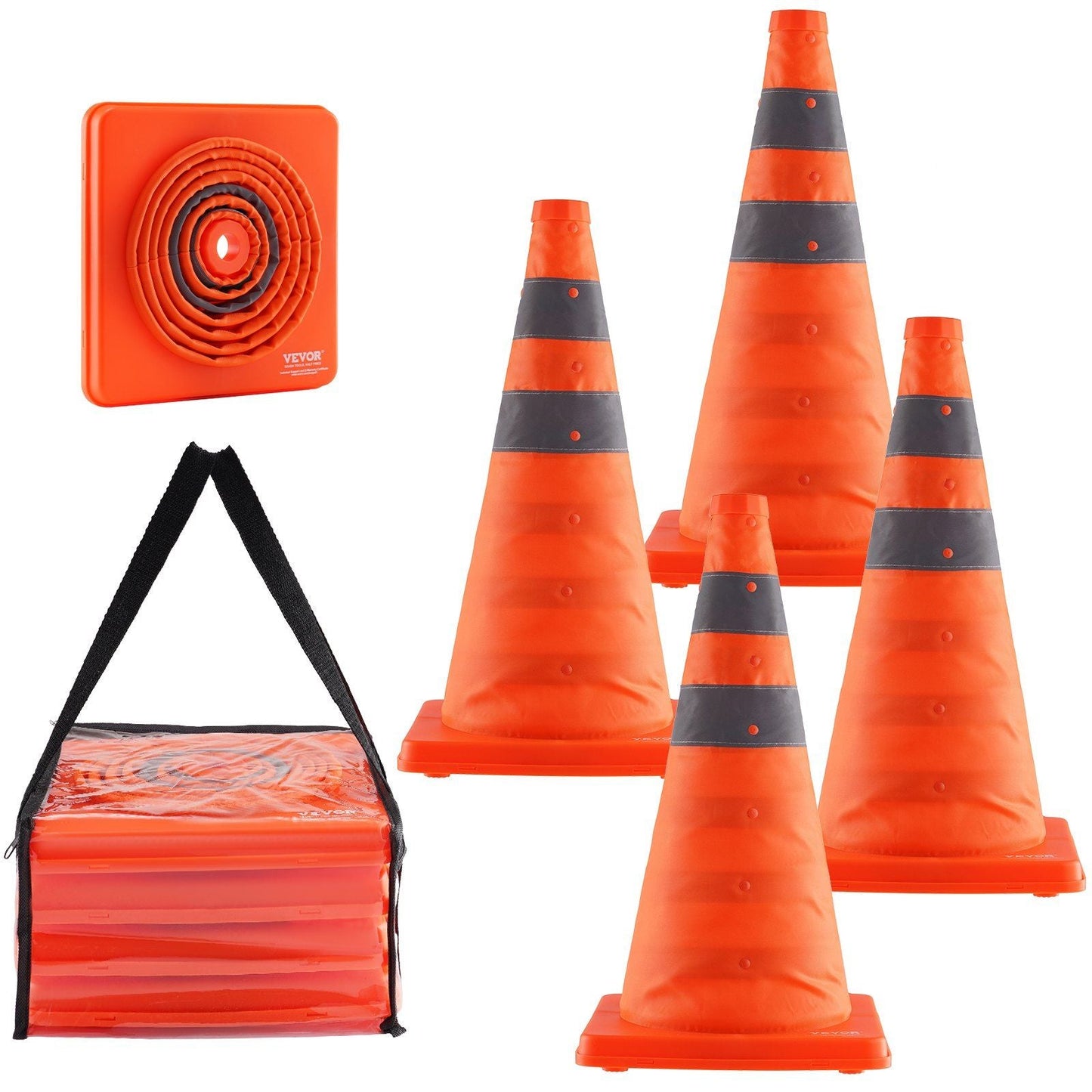 Safety Cones, 4 Pack 18 inch Collapsible Traffic Cones, Construction Cones with Reflective Collars, Wide Base and A Storage Bag, for Traffic Control, Driving Training, Parking Lots
