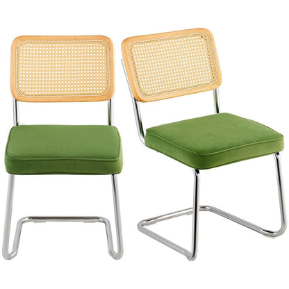 Rattan Dining Chairs Set of 2, Mid Century Modern Dining Chair, Upholstered Velvet Accent Chair with Rattan Back, Retro Dining Room Kitchen Chair for Living Room, Bedroom, Office (18.1 Inch)