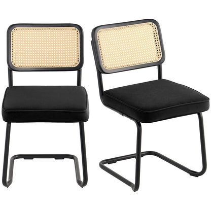 Rattan Dining Chairs Set of 2, Mid Century Modern Dining Chair, Upholstered Velvet Accent Chair with Rattan Back, Retro Dining Room Kitchen Chair for Living Room, Bedroom, Office (18.1 Inch)
