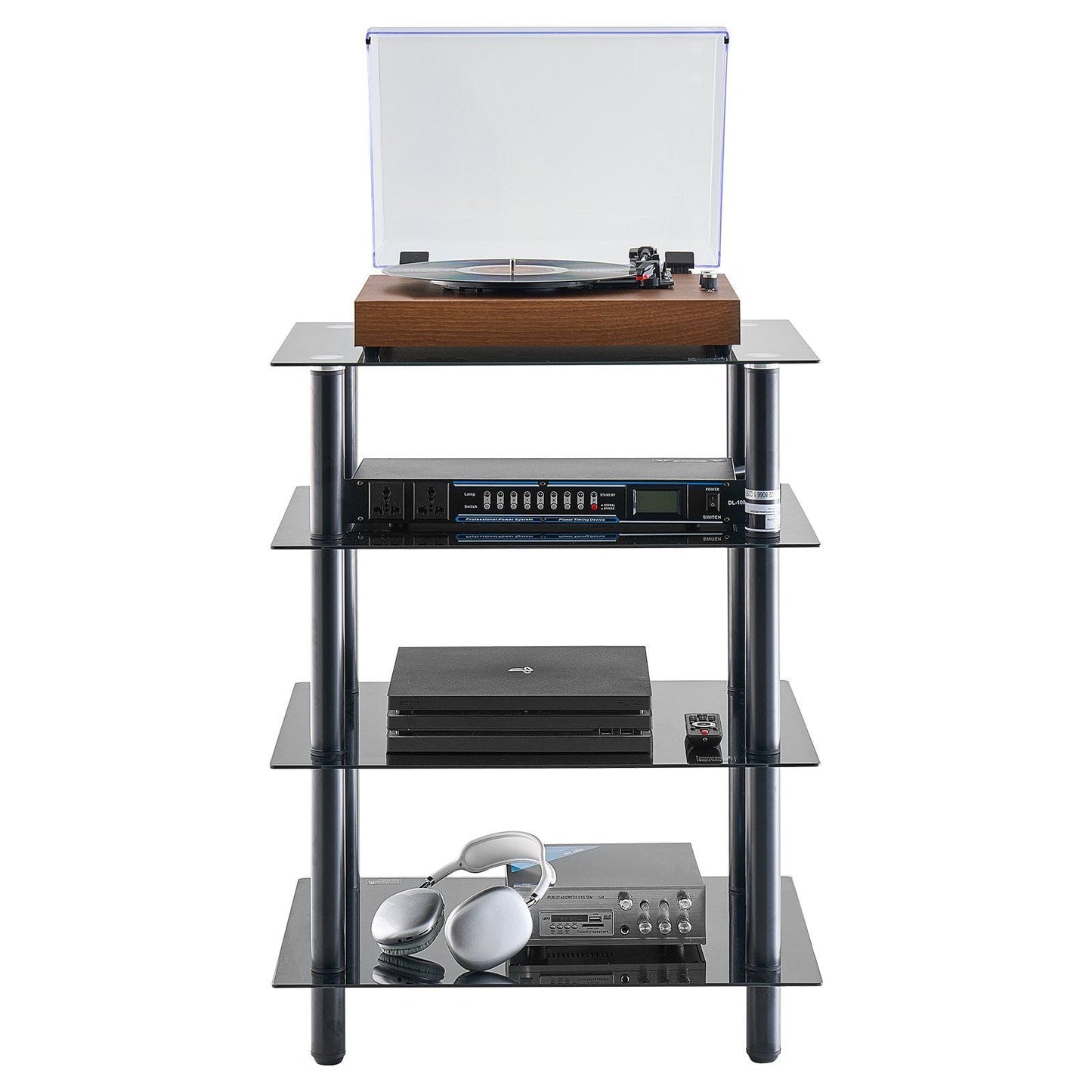 4-Tier AV Media Stand Strengthened Tempered Glass Audio-Video Media Stand, AV Media Stand Corner Shelf Corner Shelves Component Cabinet Stereo Audio Rack Stand Tower Perfect for DVD Players