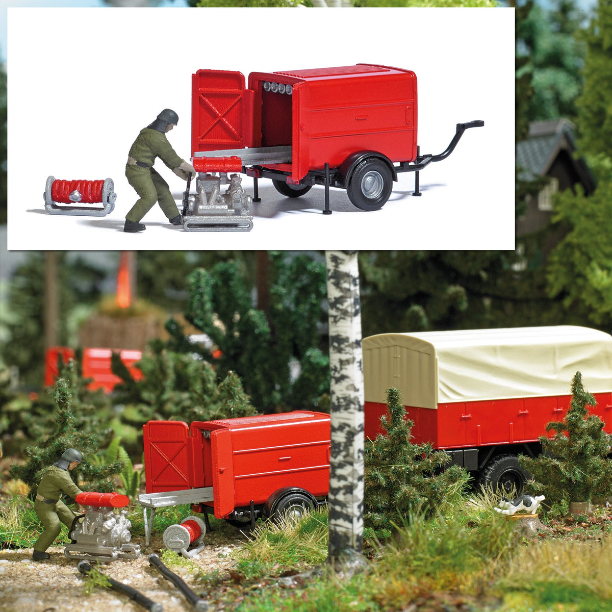 Busch 7962 HO Scale East German Fire Hose Trailer Action Set