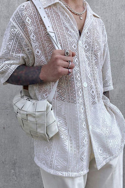 Men's Full Size Lace Half Sleeve Button Down Shirt Plus Size