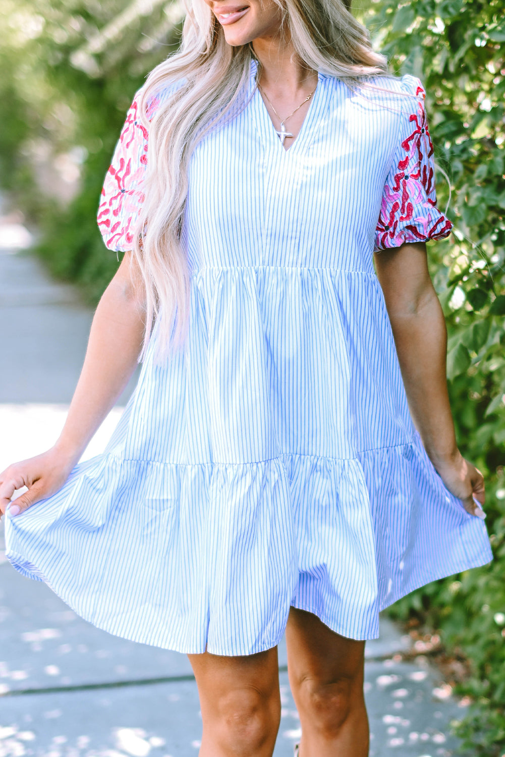 Stripe Contrast Floral Puff Sleeve Tiered Ruffle Dress by Poppy Lee Lane