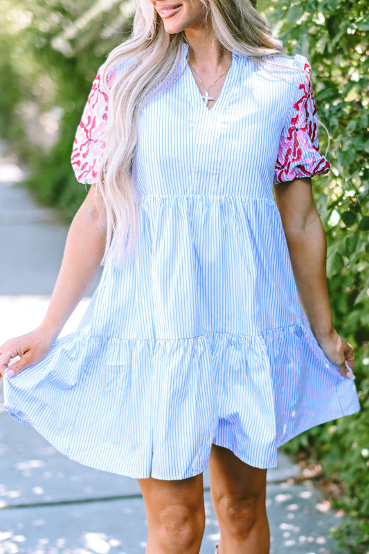 Stripe Contrast Floral Puff Sleeve Tiered Ruffle Dress by Poppy Lee Lane