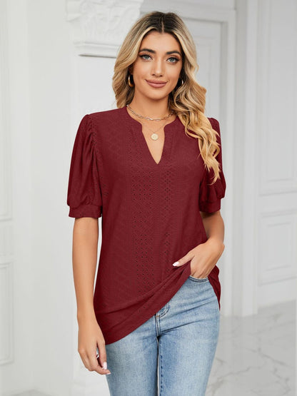Florira Eyelet Notched Short Sleeve T-Shirt