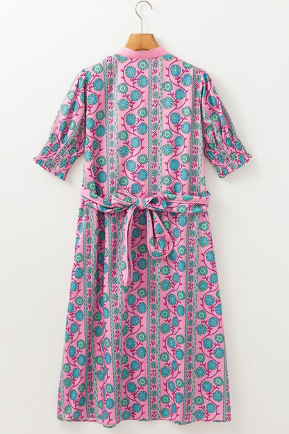 Printed Shirred Sleeve Buttoned Front Midi Dress with Sash