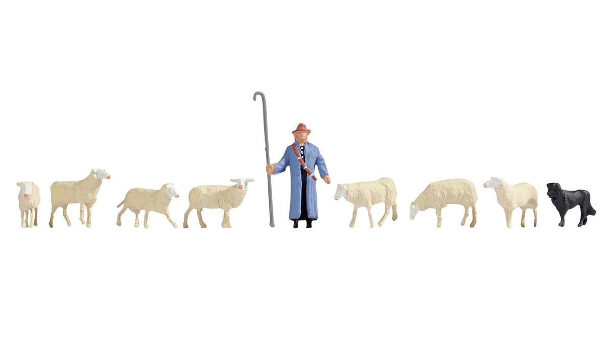 Noch 15748 HO Scale Sheep and Shepherd, 1 Shepherd, Dog, 7 Sheep