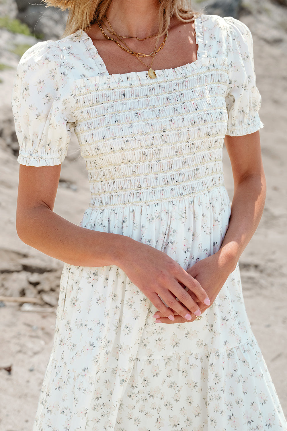 Robin Frilly Shirred Bodice Tiered Floral Maxi Dress by Threaded Pear