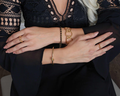 Dainty Black Onyx Beaded Link Necklace for Women in White or Yellow Gold by Hollywood Sensation®