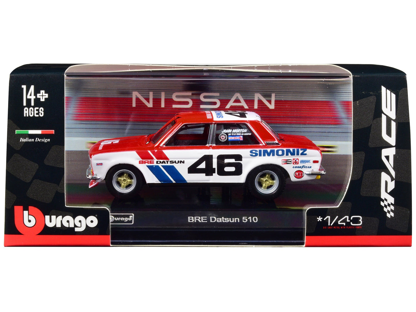 Datsun 510 #46 John Morton Red and White "BRE (Brock Racing Enterprises)" "Race" Series 1/43 Diecast Model Car by Bburago  free shipping USA