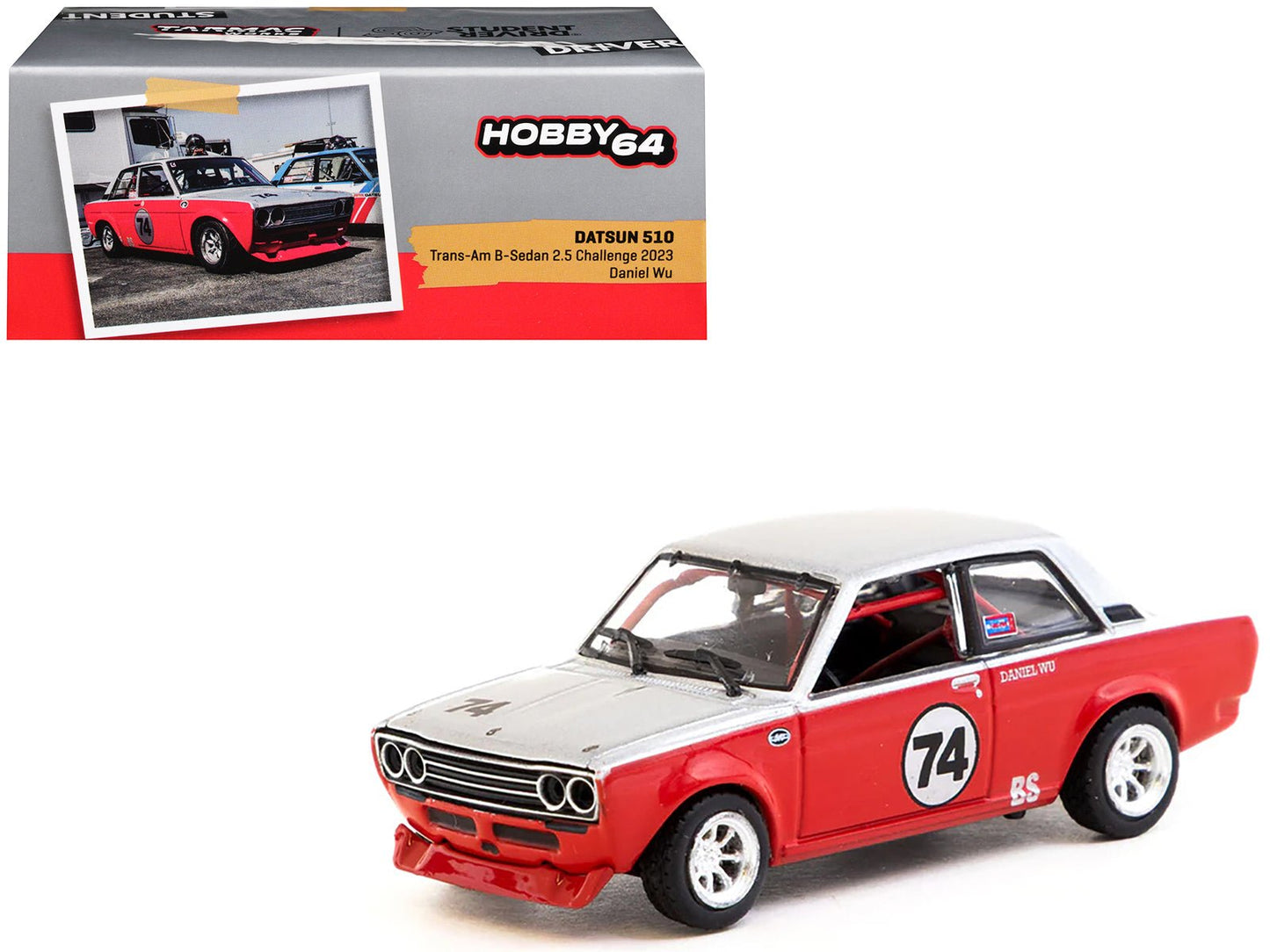 Datsun 510 #74 Daniel Wu "Trans-Am B-Sedan 2.5 Challenge" (2023) Silver and Red "Hobby64" Series 1/64 Diecast Model Car by Tarmac Works  free shipping USA