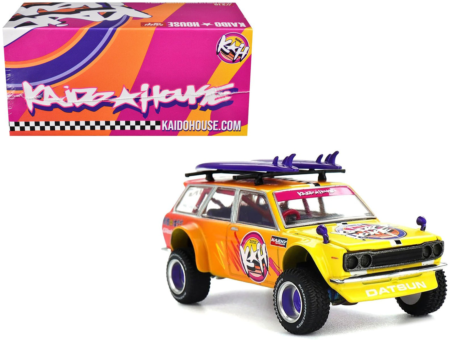 Datsun Kaido 510 Wagon 4x4 RHD (Right Hand Drive) "Kaido Islands V1" Yellow to Red Gradient with Surfboards (Designed by Jun Imai) "Kaido House" Special 1/64 Diecast Model Car by Mini GT  free shipping USA