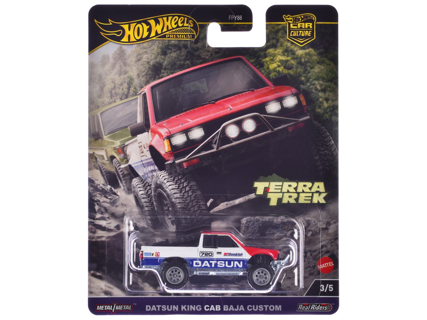 Datsun King Cab Baja Custom Pickup Truck #720 White and Blue with Red Hood "Terra Trek" Series Diecast Model Car by Hot Wheels  free shipping USA
