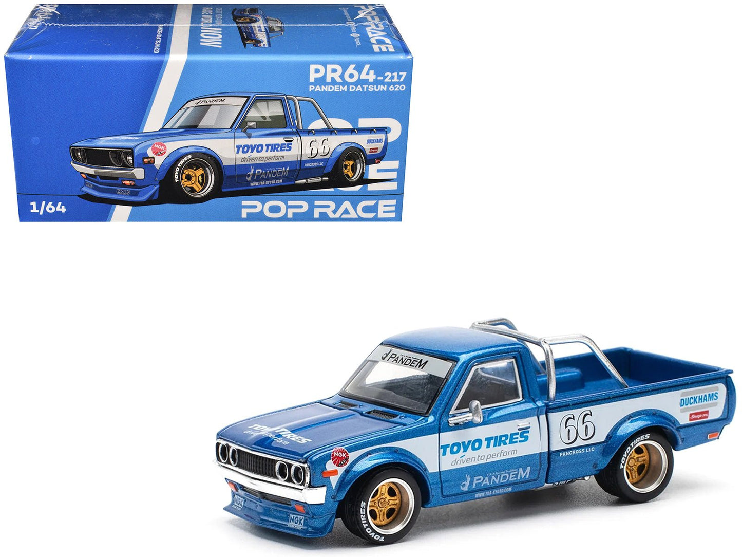 Datsun Pandem 620 Pickup Truck #66 Blue Metallic with White Stripes and Graphics 1/64 Diecast Model Car by Pop Race  free shipping USA