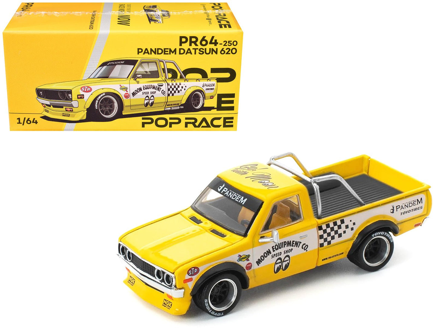 Datsun Pandem 620 Pickup Truck "MoonEyes" Yellow with White Sides and Graphics 1/64 Diecast Model Car by Pop Race  free shipping USA