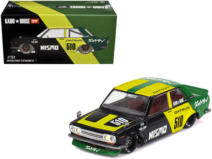 Datsun Street 510 "Racing V2" Black and Green with Yellow Accents (Designed by Jun Imai) "Kaido House" Special 1/64 Diecast Model Car by Mini GT  free shipping USA
