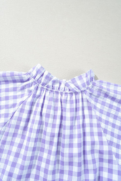 Plaid Tie Neck Short Sleeve Babydoll Mini Dress