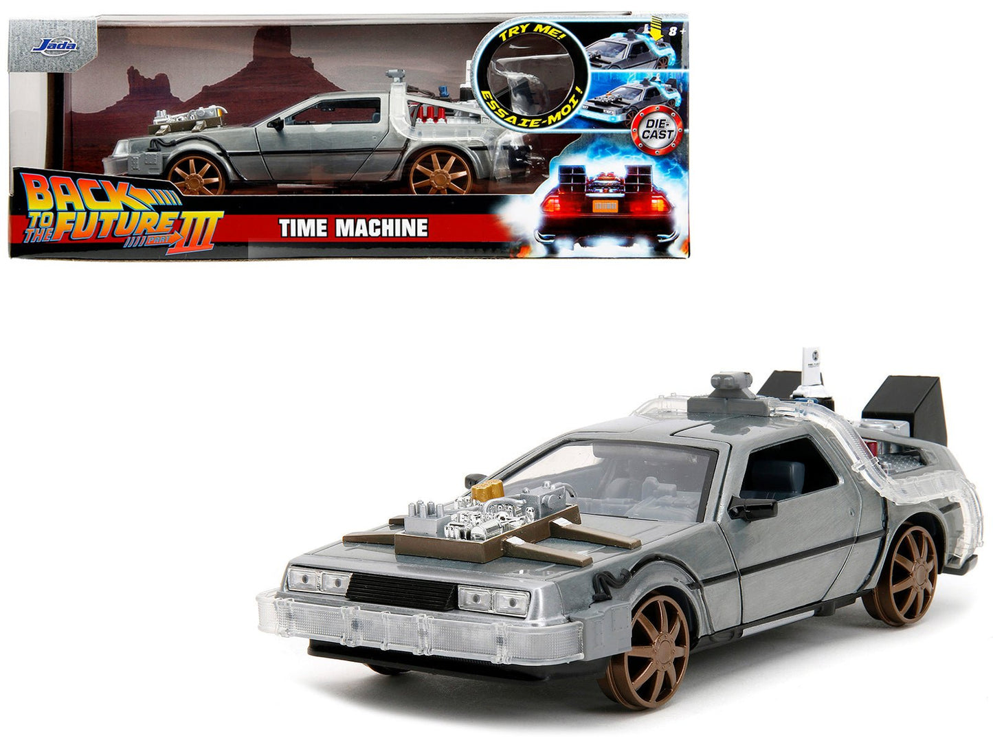 DeLorean Brushed Metal Time Machine (Train Wheel Version) with Lights "Back to the Future Part III" (1990) Movie "Hollywood Rides" Series 1/24 Diecast Model Car by Jada  free shipping USA
