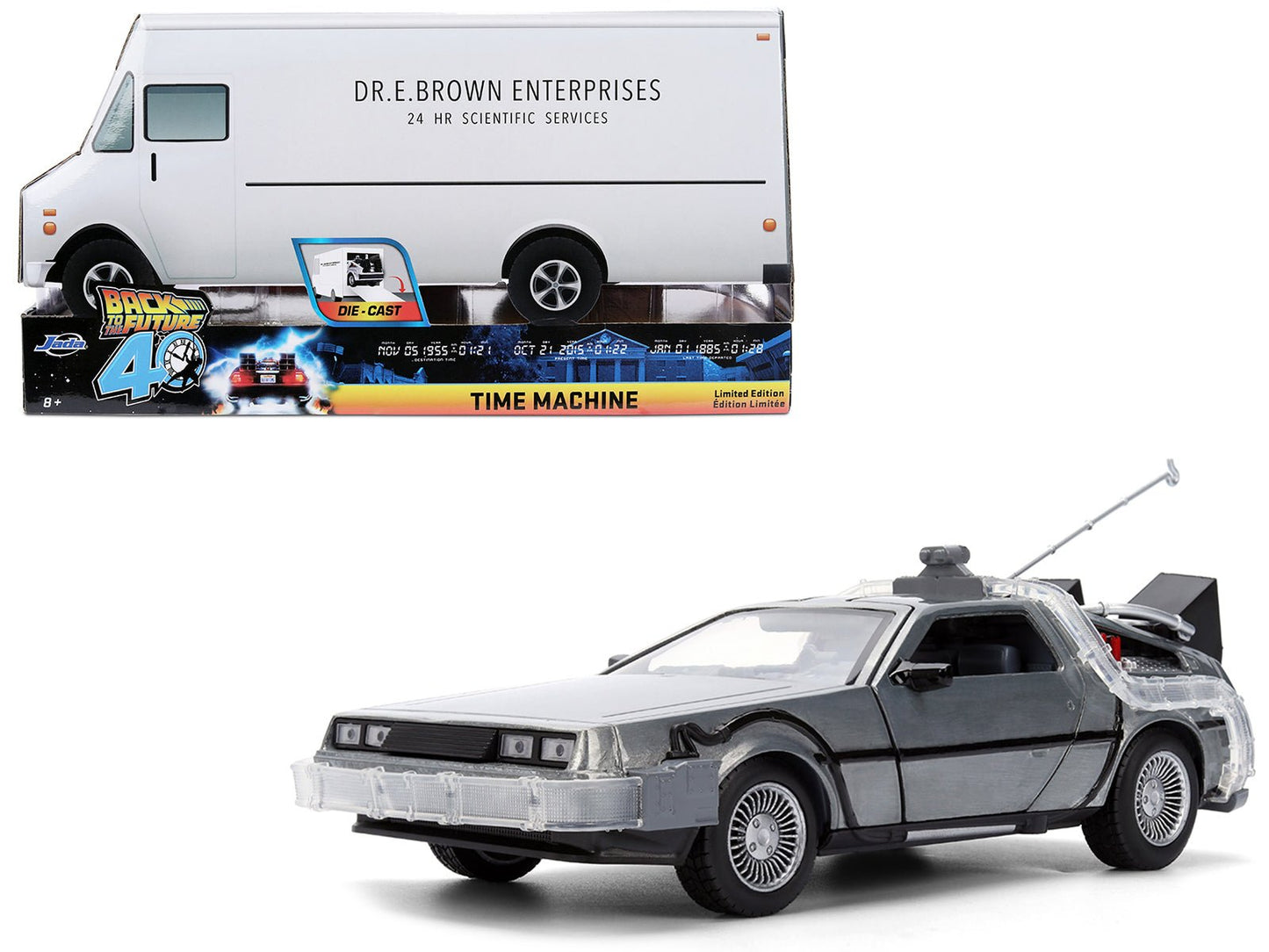DeLorean Brushed Metal Time Machine with Lights "Back to the Future" (1985) Movie "40th Anniversary" Special Packaging "Hollywood Rides" Series 1/24 Diecast Model Car by Jada  free shipping USA